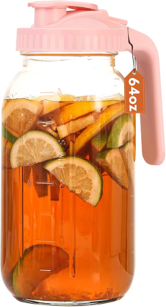 Glass Pitcher with Lid, 64 OZ Mason Jar Pitcher Double Leak Proof, 2 Quart Breast Milk Storage Containers for Fridge, Wide Mouth Glass Jar for Sun Tea, Juice, Cold Brew Coffee