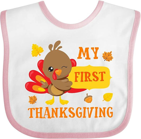 inktastic My First Thanksgiving with Turkey and Leaves Baby Bib