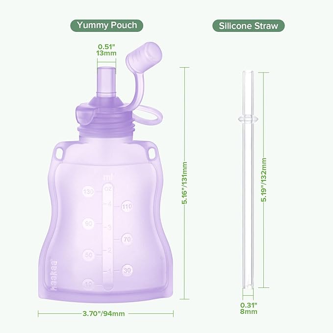 haakaa Yummy Pouch Reusable Baby Food Pouch, Reusable Pouches for Toddlers Kids Squeezable Pouch,Washable Freezer-Make Homemade Organic Food for Babies/Toddlers, 4oz, 2 Pack,6m+(Lavender)