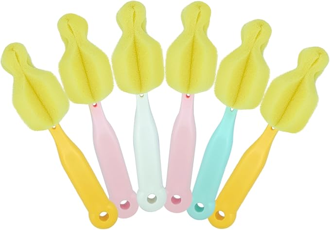 Sponge Bottle Brush 6PCS Sponge Nipple Brushes Baby Bottle Nipple Cleaning Brush Long Handle Baby Milk Bottle Brush (6PCS)