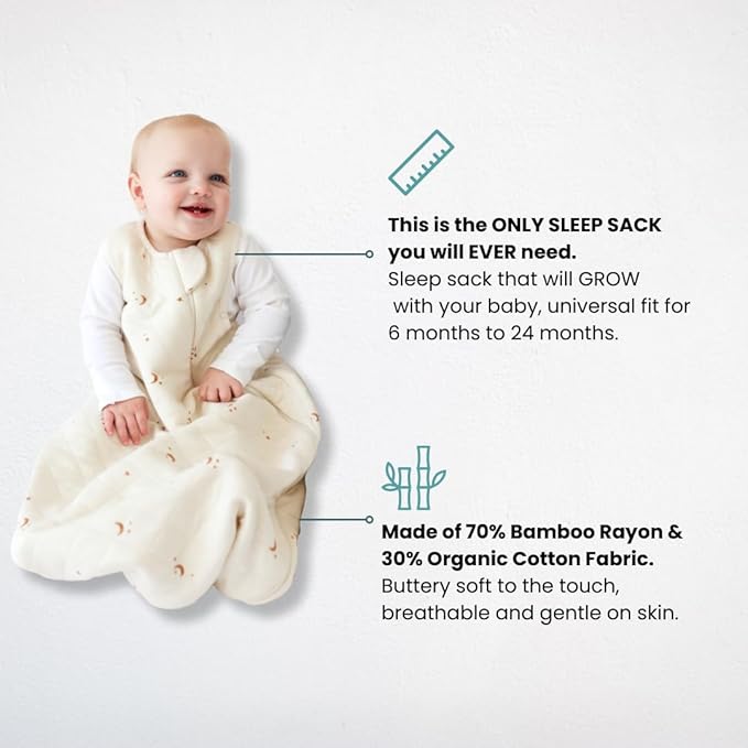 Tealbee Grow with Baby Sleep Sack – Adjustable Fit 6–24 Months for Babies & Toddlers, Soft Rayon from Bamboo Sleep Bag, All Season 1.2 TOG Wearable Blanket with 2-Way Zipper – Moons and Stars