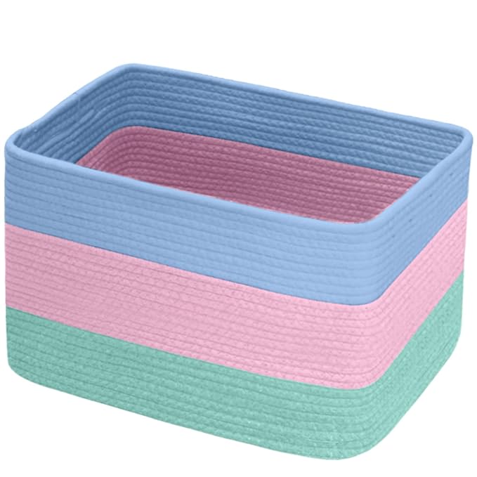 Hopegiver Storage Baskets for Organizing with Handle, Woven Baskets for Shelves - Durable Gift Basket for Cloth Toys Books Baby, Cotton Rope Basket for Dog Cat, 15x11x10 Inch(Blue&Pink&Green)