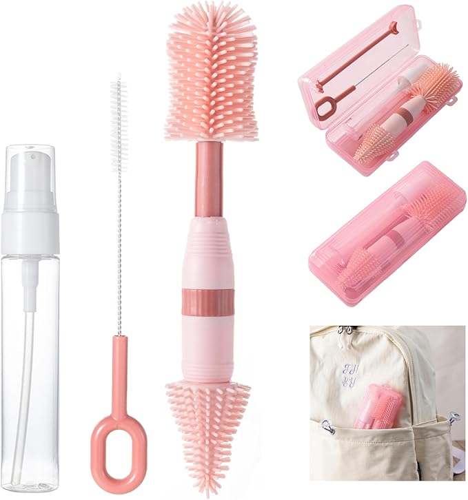 Travel Bottle Brush, 6-in-1 Portable Travel Bottle Cleaner Kit with Small Bottle Brush Built in Drying Rack, Nipple Brush, Straw Brush, Soap Dispenser, for Baby Bottles Under 8 OZ, BPA-Free(Pink)