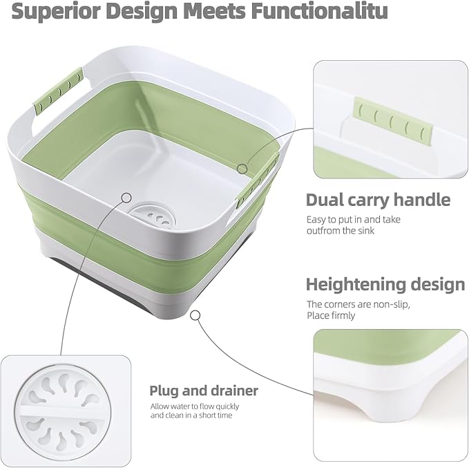 Collapsible Wash Basin for Baby Bottles - 2.4 Gallons Portable Wash Bin for RV Camping Sink, Space-Saving Dish Tub.Laundry & Utility Room Sinks (Green)