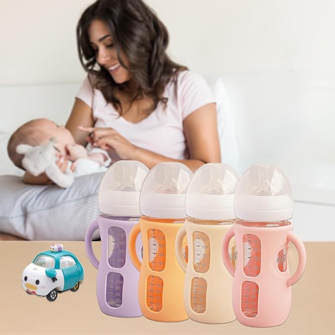 4 Pack Silicone Sleeves for Avent Natural Glass Baby Bottles, Anti Breakage Bottle Holder, Compatible with Philips Avent Glass Natural Baby Bottles (4 Pink, 8 OZ)