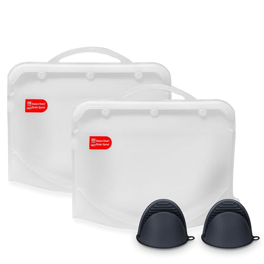 Silicone Microwave Steam Sterilizer Bags with Mini Oven Gloves, ZÜCÜBéBé Reusable Silicone Steaming Bags for Baby Bottles, Breast Pump, Accessories, Great for Home and On-The-Go, White (2PC)