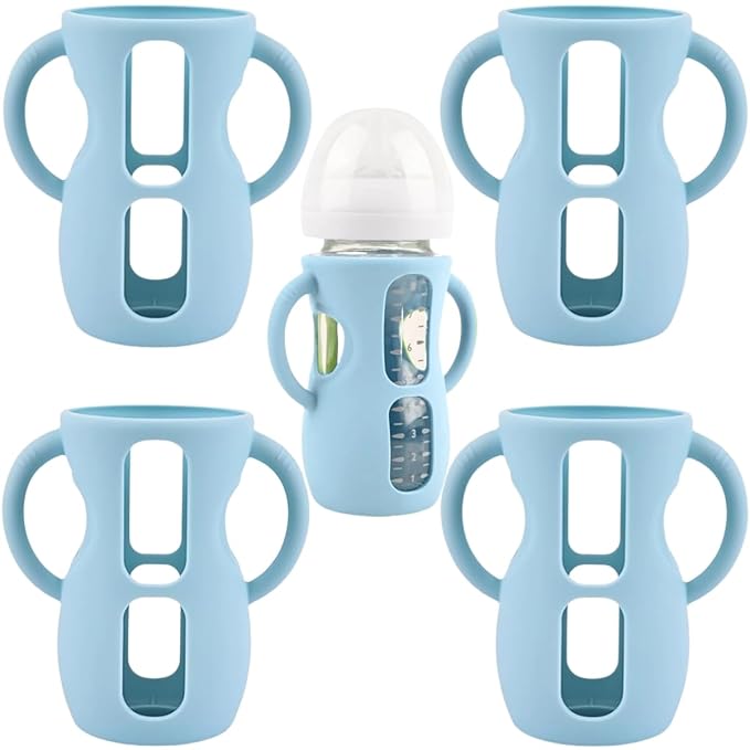 4 Pack Silicone Sleeves for Avent Natural Glass Baby Bottles, Silicone and Easy-Grip Handles for Drop Protection, Compatible with Philips Avent 4/8 OZ Glass Bottle (Light Blue, 8 OZ)