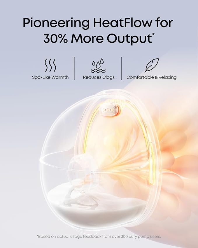 eufy Security Heated Breast Pump Hands-Free E20, Wearable with Innovative HeatFlow, 3 Heat Levels, Optimized Rhythm via App, Hospital-Grade Suction, Leakproof, Ultra-Slim and Quiet for in-Bra Use