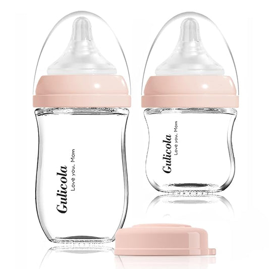Gulicola Natural Glass Baby Bottle Newborn Set, 3 oz and 5 oz with Extra Slow Flow & Slow Flow Nipple, Anti Colic, 0-3 Months, 2 Pack - Pink