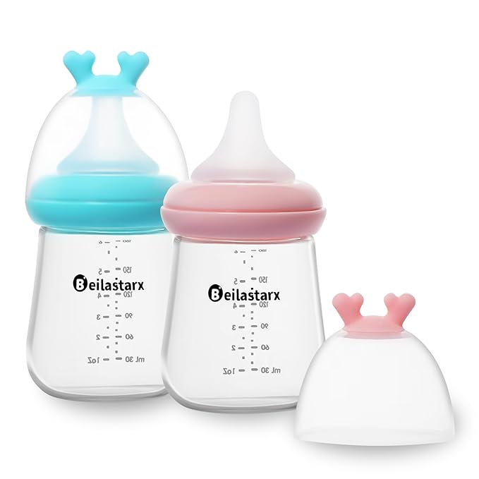 Glass Baby Bottles with Natural Response Nipple Size S - Anti Colic Baby Bottles Wide Neck Slow Flow Baby Bottle (Multicolor, 6oz (Pack of 2))
