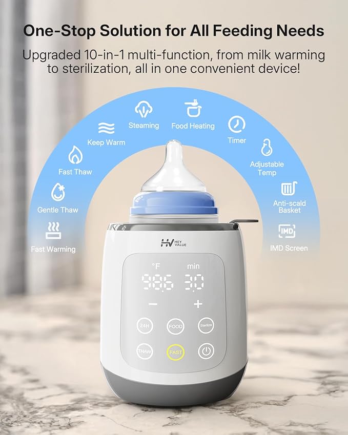 HEYVALUE Bottle Warmer, 10-in-1 Fast Baby Bottle Warmer for Breastmilk, BPA-Free Milk Warmer with IMD LED Display, Smart Temperature Control, Thaw, Keep Warm, Steaming, Food Heating, Timer