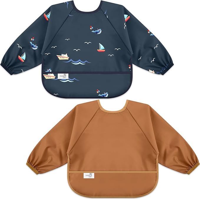 Long Sleeve Baby Bib, Waterproof Fabric, Catch-All Pocket, Baby Smock Bib, Adjustable Sleeves