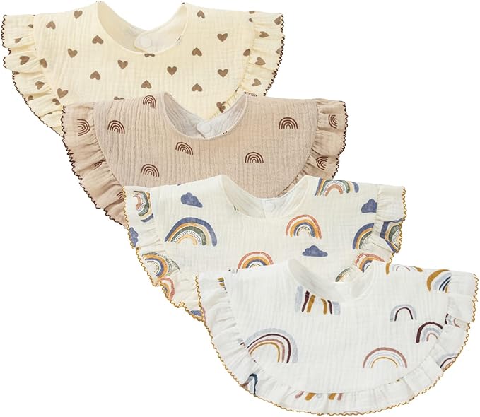 Nishine 4 pcs Unisex Baby Muslin Bandana Drool Bibs 360 Degree Rotatable Cotton Teething Feeding Drooling Bibs for Boy Girl