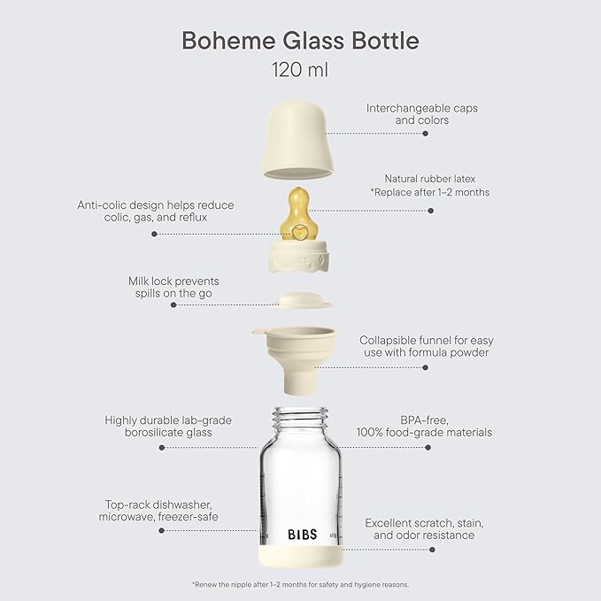 BIBS Boheme Baby Glass Bottle 4 oz /120 ml. Anti-Colic. Round Natural Rubber Latex Nipple. Supports Natural Breastfeeding - Violet Sky
