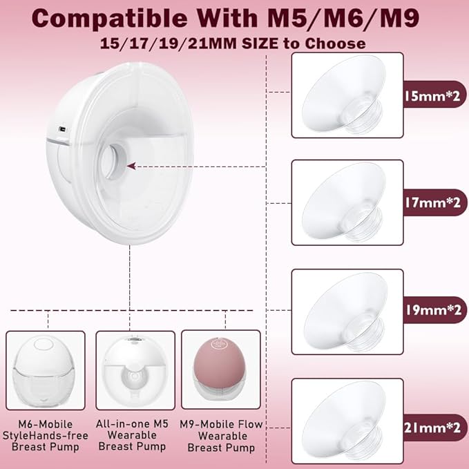 8PC Flange Insert 15/17/19/21mm Compatible with Momcozy M5/M6//M9 Wearable Breast Pump Replacement, BPA Free Silicone M5/M6/M9 Flange Inserts Same Suction as OEM(8PC-4Size)