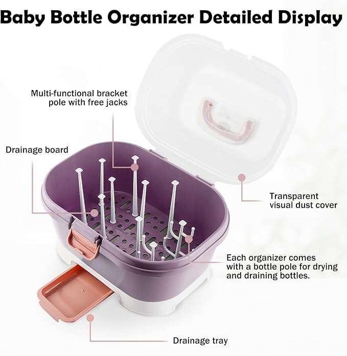 Baby Bottle Organizer for Storage, Baby Bottle Storage Large Capacity with Lid Cover Anti-Dust Protection and Cutlery Storage Drying Rack Portable Large Capacity Bottle Organizer Baby (purple)