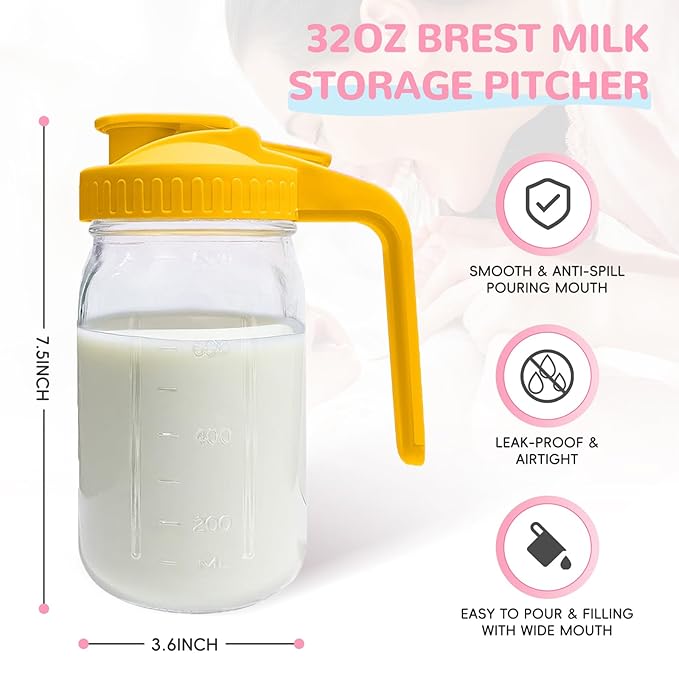 2 PACK Breast Milk Pitcher 32OZ Glass Breastmilk Pitcher with Lids Leak-proof Wide-mouth Storage Jars for Breastmilk, Resistant to Heat or Cold, Freezer-safe (Yellow)