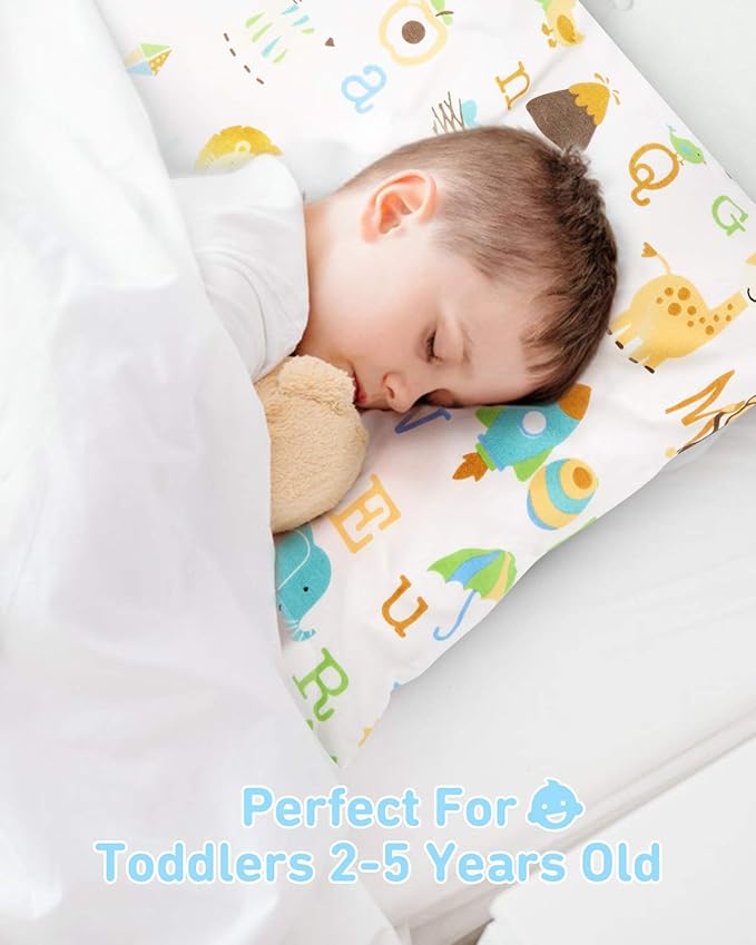 Babebay Toddler Pillow,13 x 18 Kid Pillows for Sleeping, Machine Washable Kids Pillow with Soft Cotton Pillowcase, Perfect for Travel, Toddlers Cot (Animal Letters)