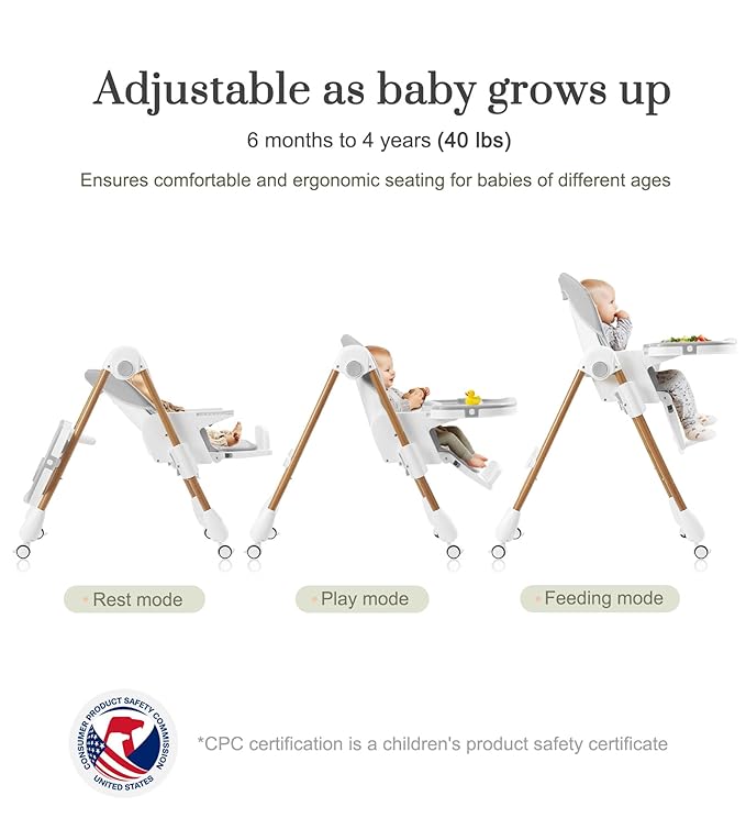 Mallify Foldable High Chairs for Babies and Toddlers, 3-in-1 Convertible Baby High Chair with Removable Soft Cushion and Tray, Adjustable Height & Recline, Lockable Wheels, Ligh Gray