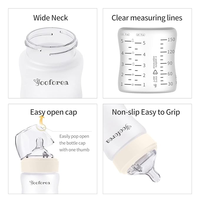 Yooforea Silicone Coated Glass Baby Bottle, 6M+ Fast Flow Nipple I Anti-Colic, Wide Neck, Stable Base I Medical-Grade Silicone Coating for Shatter Protection, BPA BPS PVC Free (9 Ounce-Cream)