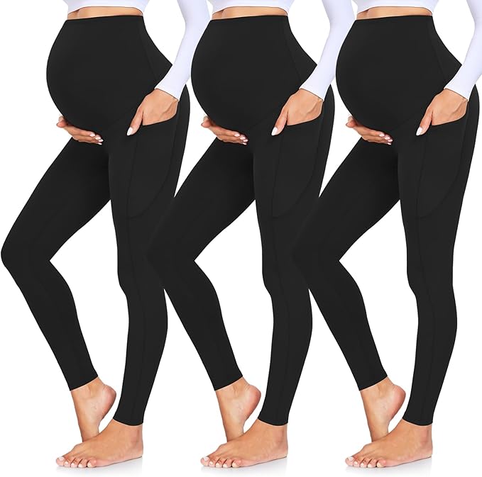 GROTEEN 3 Pack Women's Maternity Leggings with Pockets Over The Belly Workout Yoga Pregnancy Pants