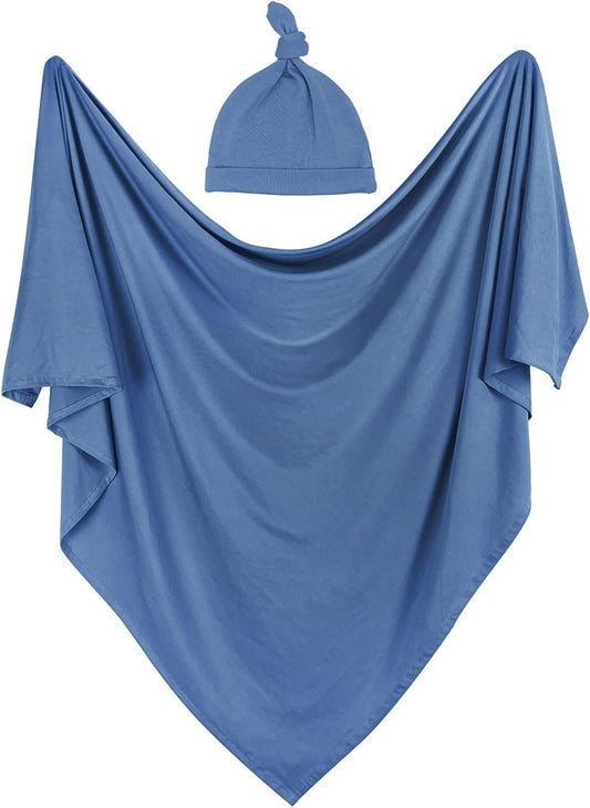 iEvolve Cotton Knitted Baby Swaddle Blanket with Hat Headband Set Newborn Swaddle Wrap Receiving Blankets for Baby Girl Boy 35" x 35"(Sapphire Blue)