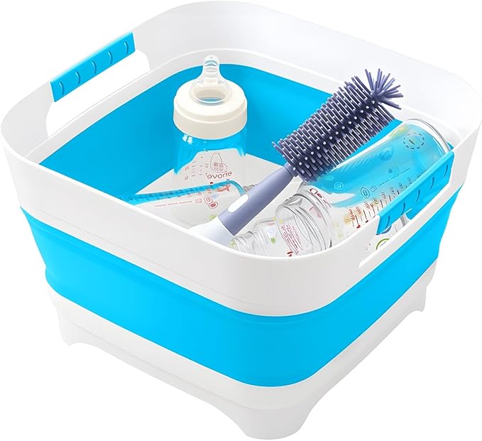 Collapsible Wash Basin for Baby Bottles - 2.4 Gallons Portable Wash Bin for RV Camping Sink, Space-Saving Dish Tub.Laundry & Utility Room Sinks (Blue)
