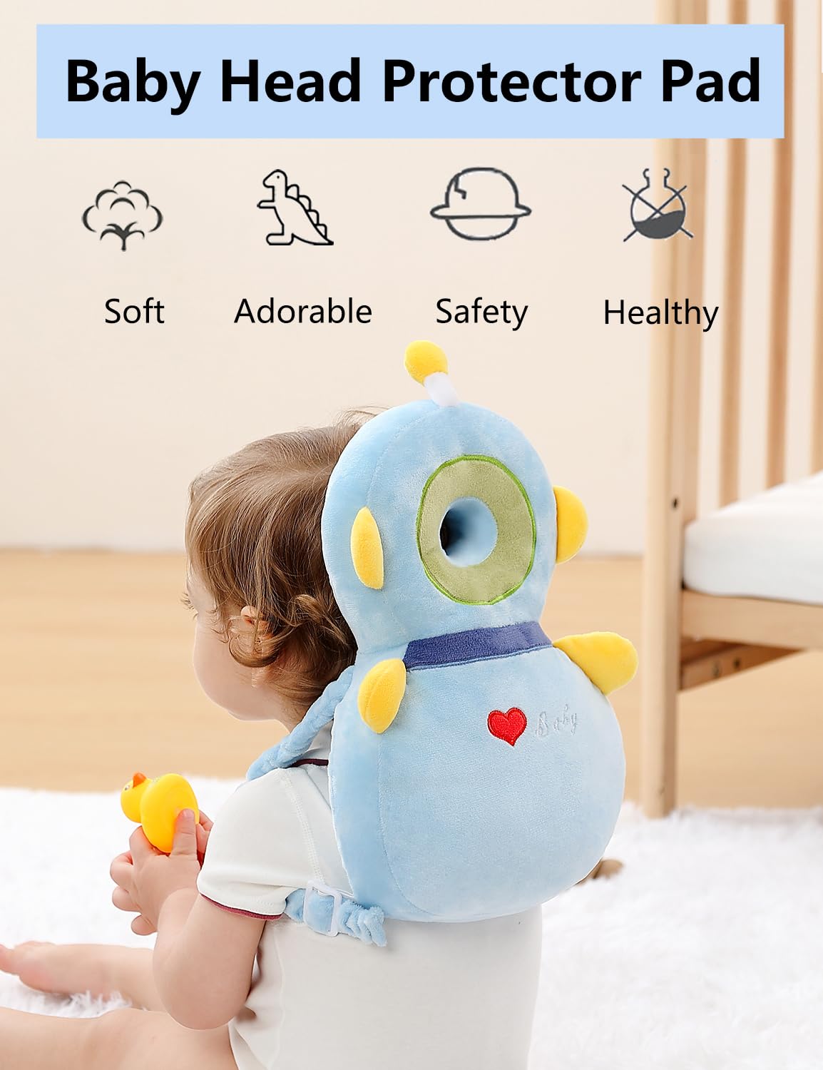 JunNeng Toddler Baby Head Protector Backpack for Toddler Walker with Knee Pads&Anti-Slip Socks, Robot Blue