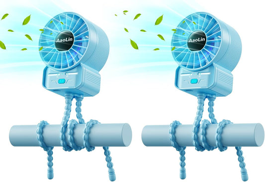 2 Pack Multifunctional Portable Stroller Fan 4 Speed 6600rpm High Speed Usb Rechargeable Personal Mini Handheld Fan Extended Tripod for Desktop Winding Kids Bed Treadmill Bike Golf Cart Outdoor Travel