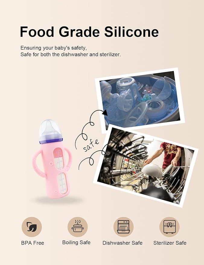 ZCH 4-Pack Silicone Sleeves with Handles for Lansinoh Glass Bottles, BPA-Free Drop-Resistant Baby Bottle Sleeves with Handles, Compatible with Lansinoh Anti-Colic Glass Baby Bottles (8 oz)