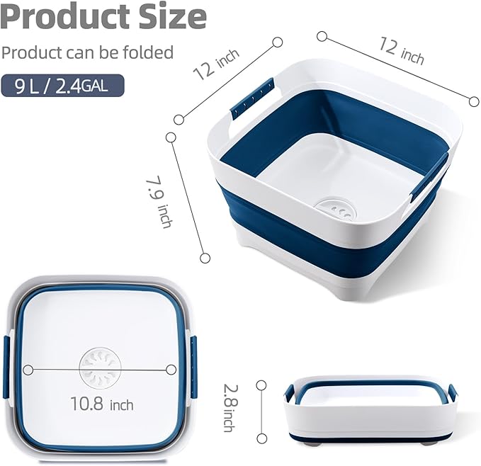 Collapsible Wash Basin for Baby Bottles - 2.4 Gallons Portable Wash Bin for RV Camping Sink, Space-Saving Dish Tub.Laundry & Utility Room Sinks (Navy Blue)