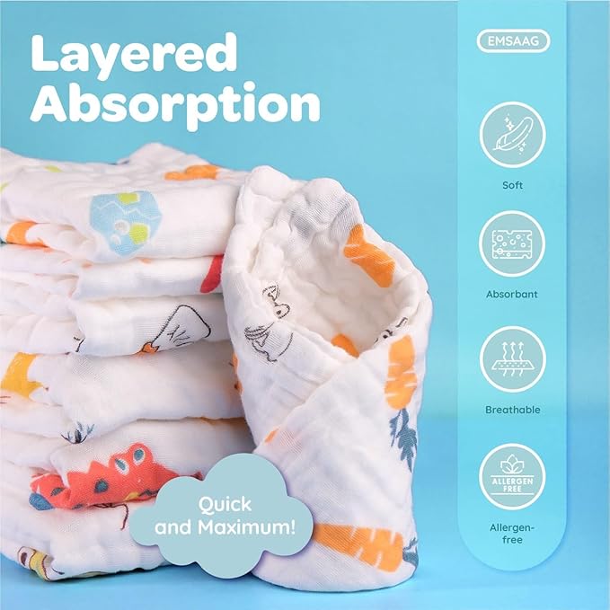 Muslin Baby Washcloths Pack of 7-Soft Sweat Cloths for Newborn,Absorbent Baby Bath and Face Towels,100% Cotton Baby Wipes,Burp Cloths,Feeding Towels for Babies and Infants,Mix Pattern-10 x 10’’