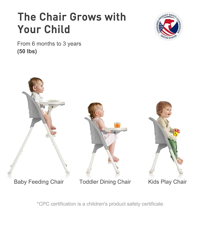 Funny Supply 3-in-1 Cute Folding High Chair, High Chairs for Babies and Toddlers, Modern Space Saving Highchair with Removable Double Tray, Easy to Clean, Light Weight Baby Feeding Chair, Gray