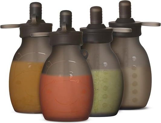 haakaa Hippo Pouch – Reusable Pouches for Toddlers, Reusable Baby Food Pouches for Homemade Organic Purees, Juices, Smoothies, and Yogurt, 9oz, 4 Pack, (Grey)