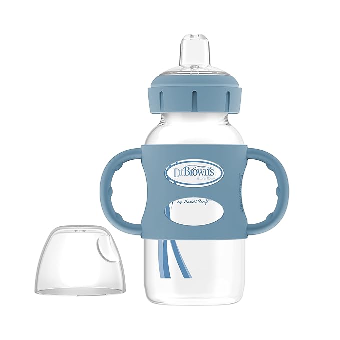 Dr. Brown's Milestones Wide-Neck Sippy Spout Bottle with 100% Silicone Handles, Easy-Grip Handles with Soft Sippy Spout, 9oz/270mL, Light-Blue, 1-Pack, 6m+