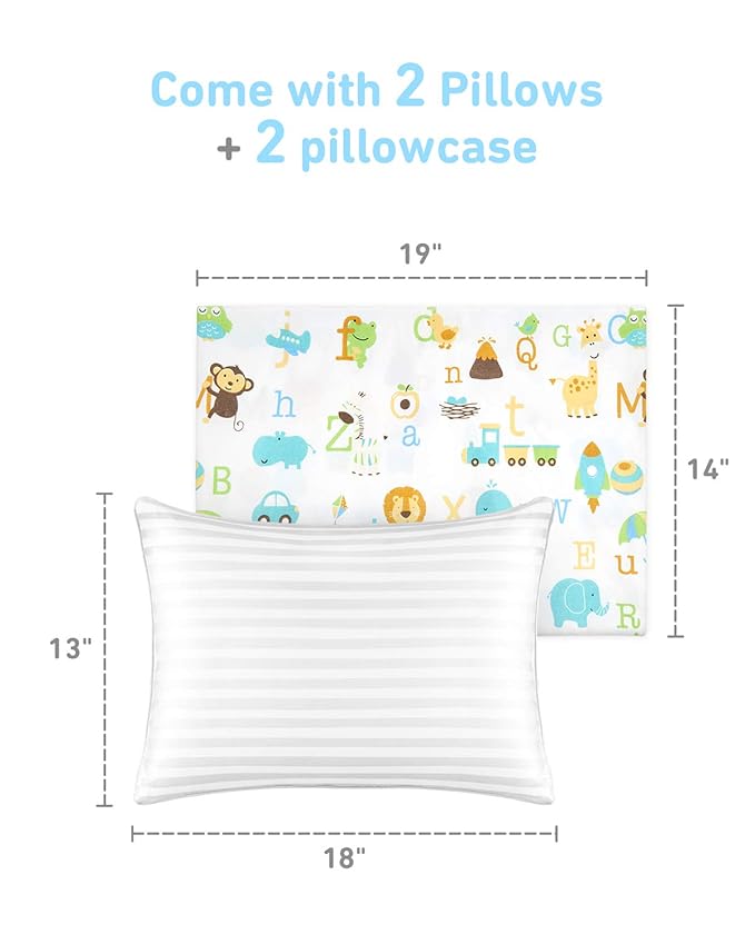 Babebay Toddler Pillow,13 x 18 Kid Pillows for Sleeping, Machine Washable Kids Pillow with Soft Cotton Pillowcase, Perfect for Travel, Toddlers Cot (Animal Letters)