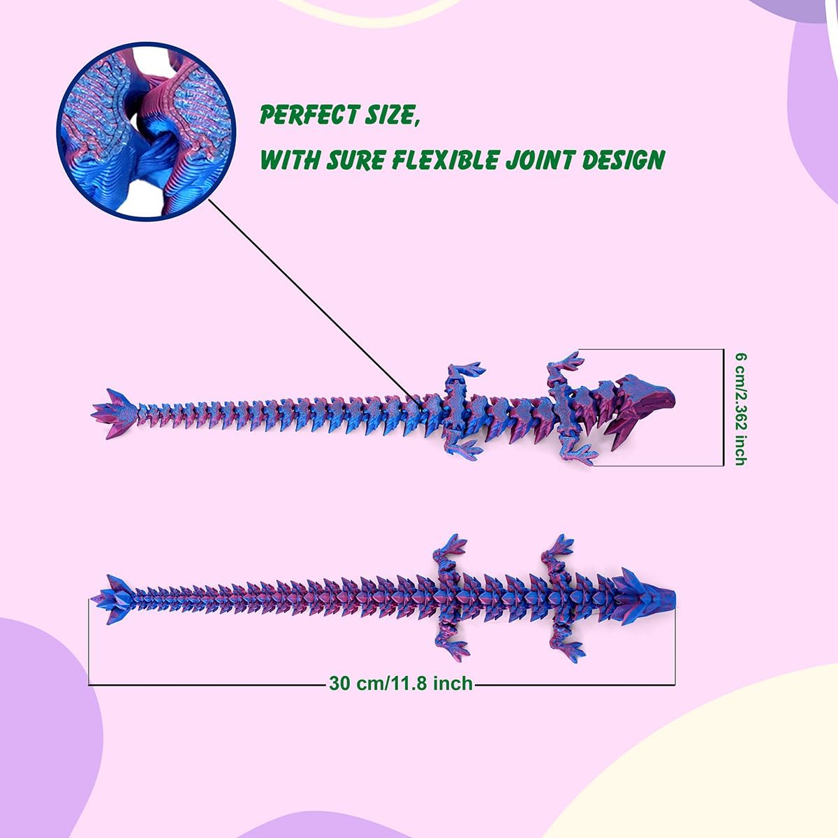 12" 3D Printed Dragon, Articulated Dragon, Crystal Dragon, Dragon Fidget Toy, Home Office Decor Executive Desk Toy (Purple)