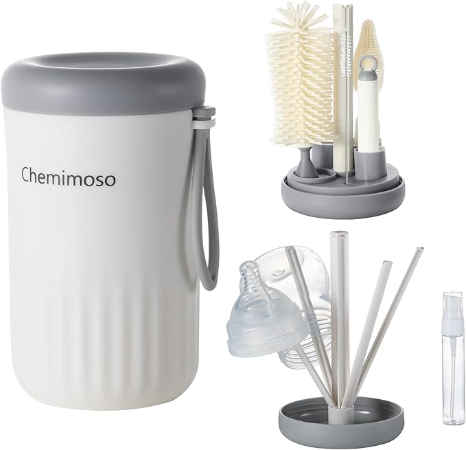 Chemimoso Travel Silicone Baby Bottle Cleaner Brush Set, Foldable Baby Bottle Drying Rack, Essential Cleaning Set for Outdoor Travel, Grey and White