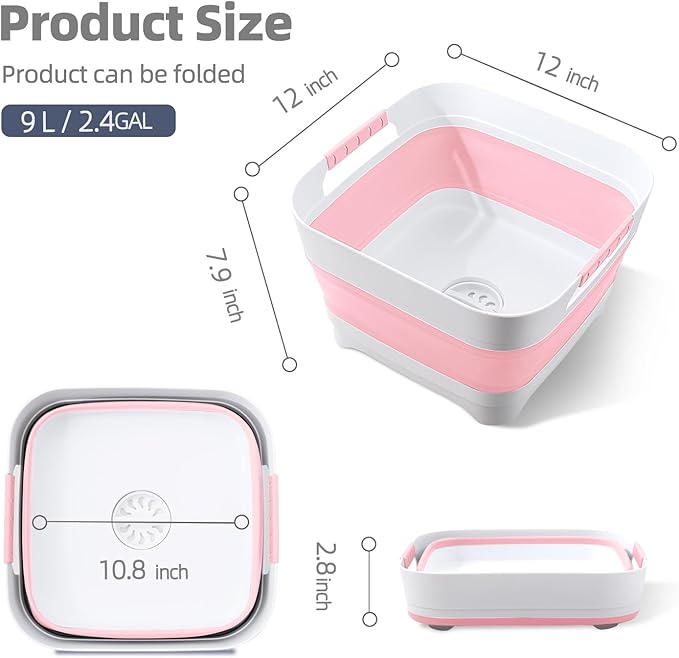 Collapsible Wash Basin for Baby Bottles - 2.4 Gallons Portable Wash Bin for RV Camping Sink, Space-Saving Dish Tub.Laundry & Utility Room Sinks (Pink)