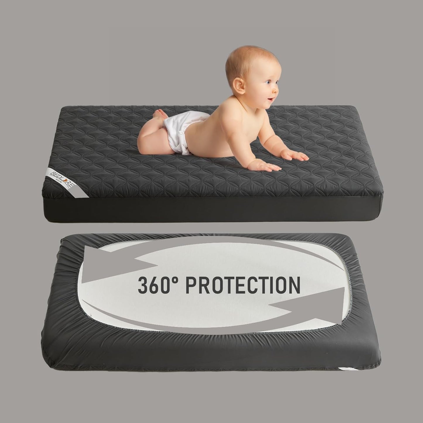 BEDLORE Waterproof Mattress Protector Crib, 2 Pack Soft Gray Mattress Pad, Noiseless Machine Washable Mattress Cover, Ultimate Protection for Your Baby's Crib Toddler Bed (52''x28'')