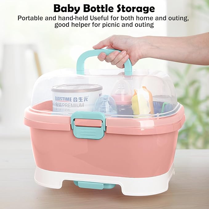 Baby Bottle Organizer for Storage, Baby Bottle Storage Large Capacity with Lid Cover Anti-Dust Protection and Cutlery Storage Drying Rack Portable Large Capacity Bottle Organizer(Pink)