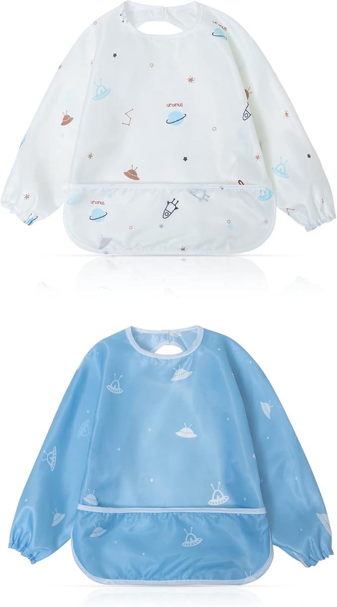 Little Dimsum Baby Bib with Pocket Waterproof Toddler Bibs Infant Feeding Bibs for Boys and Girls, Pack of 2 Colors