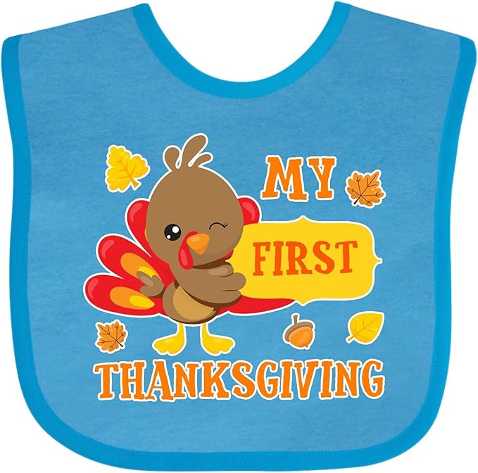 inktastic My First Thanksgiving with Turkey and Leaves Baby Bib