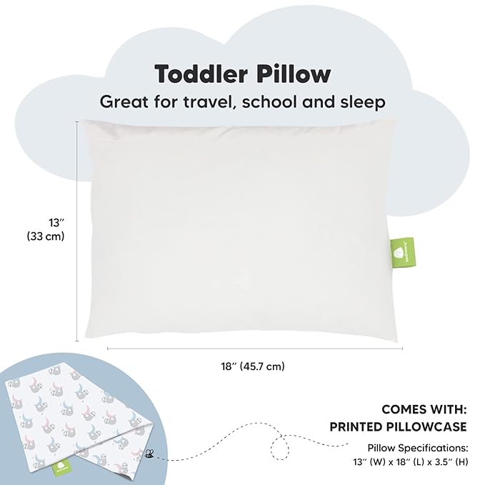 Toddler Pillow with Pillowcase - 13x18 My Little Dreamy Kids Travel Bed Pillows for Sleeping, Organic Cotton Small Pillowcase, Soft & Breathable, Machine Washable, Toddlers 2-5 Years Old (Moon Sloth)