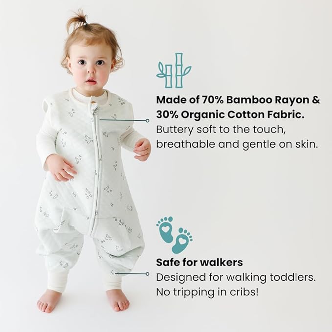 Tealbee Dreamsuit Toddler Sleep Sack with Feet – Walker Sleep Bag with Legs, Rayon made from Bamboo, Summer 0.8 TOG, 2-Way Zipper, 2T-3T - Croissant