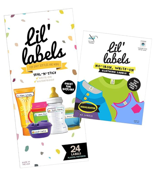 Daycare Labels Value Pack - Bottle Labels (Playful Patterns) and Clothing Labels (Highlighter), Waterproof Labels