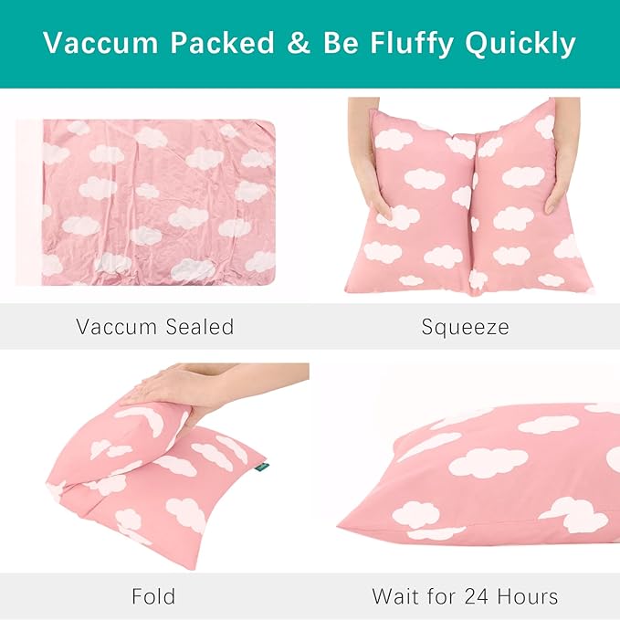 Toddler Pillow for Sleeping, Kid Pillow 14" x 19" for Travel Bed, Soft & Skin-Friendly Travel Pillows for Sleeping, Toddler Use Only, Age 2 to 5, 2 Pack (Pink Cloud)