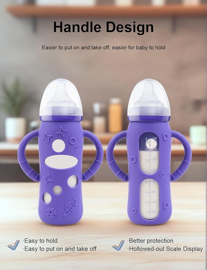 ZCH 4-Pack Silicone Sleeves with Handles for Lansinoh Glass Bottles, BPA-Free Drop-Resistant Baby Bottle Sleeves with Handles, Compatible with Lansinoh Anti-Colic Glass Baby Bottles (8 oz)