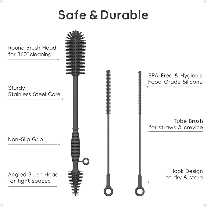 Baby Bottle Brush and Straw Cleaner Brush Set, Extra Long Double-Ended Soft Silicone Brush Cleaner for Baby Bottles, Water Bottles, Cups, Breast Pumps, Detachable & Hangable
