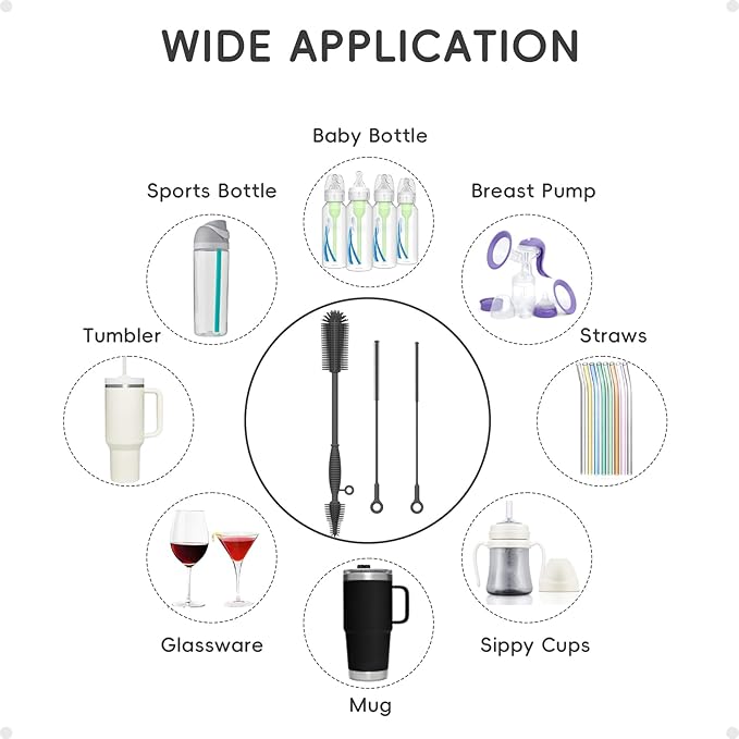 Baby Bottle Brush and Straw Cleaner Brush Set, Extra Long Double-Ended Soft Silicone Brush Cleaner for Baby Bottles, Water Bottles, Cups, Breast Pumps, Detachable & Hangable